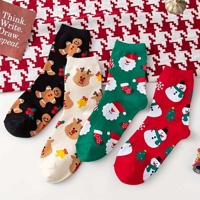 4 Pairs Cartoon Print Socks, Comfy & Cute Christmas Mid Tube Socks, Women's Stockings & Hosiery