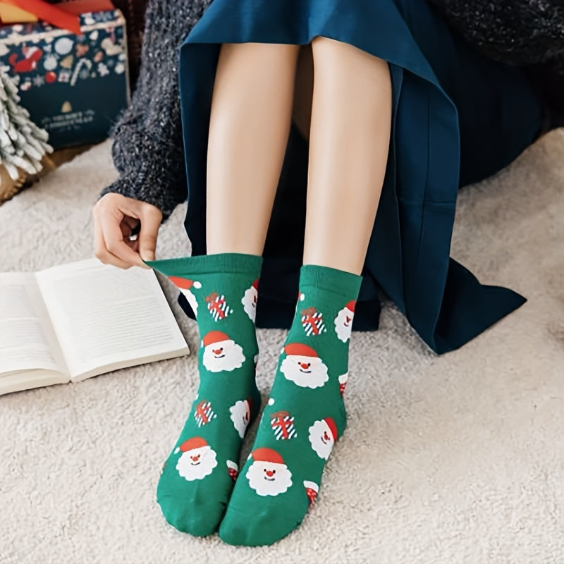 4 Pairs Cartoon Print Socks, Comfy & Cute Christmas Mid Tube Socks, Women's Stockings & Hosiery