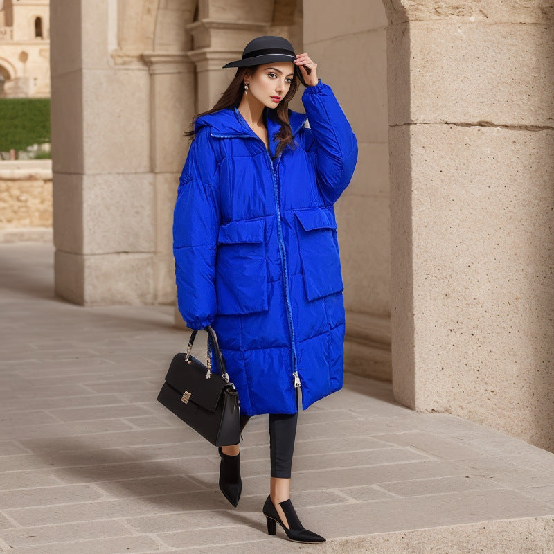 LIZ Kpop Style Winter Chic Breaded Thick Cotton-Padded Big Pockets Long Puffer Coat.